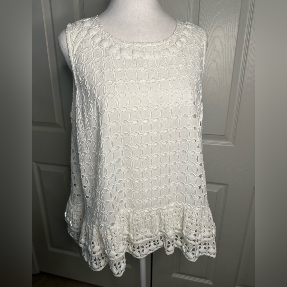 Maeve ‘Monica’ Beaded Eyelet Blouse, white, sleeveless, 100% Cotton, Large